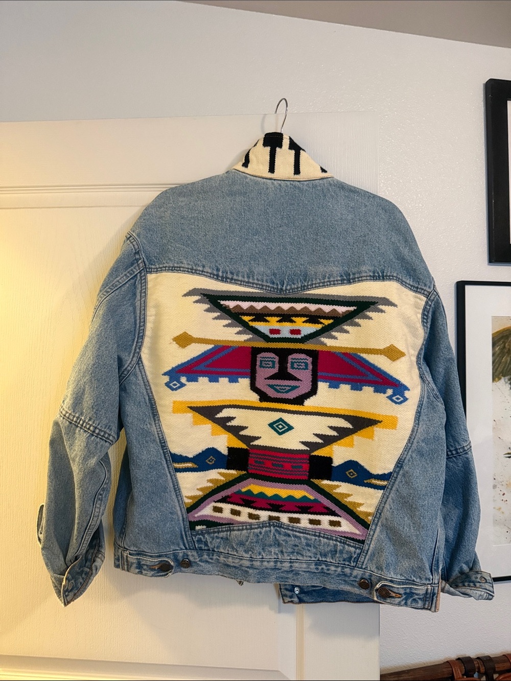 Vintage Oversized Tribal Pattern Denim Jacket - Multicolor Back Panel